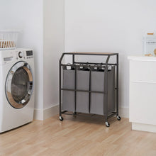 TRINITY 3-bag laundry cart with flip-up top, three gray fabric bins and handles