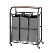 TRINITY 3-bag laundry cart with flip-up top, gray bags on wheeled frame