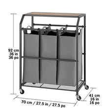 TRINITY 3-bag laundry cart with flip-up top, gray bags on metal frame with bars