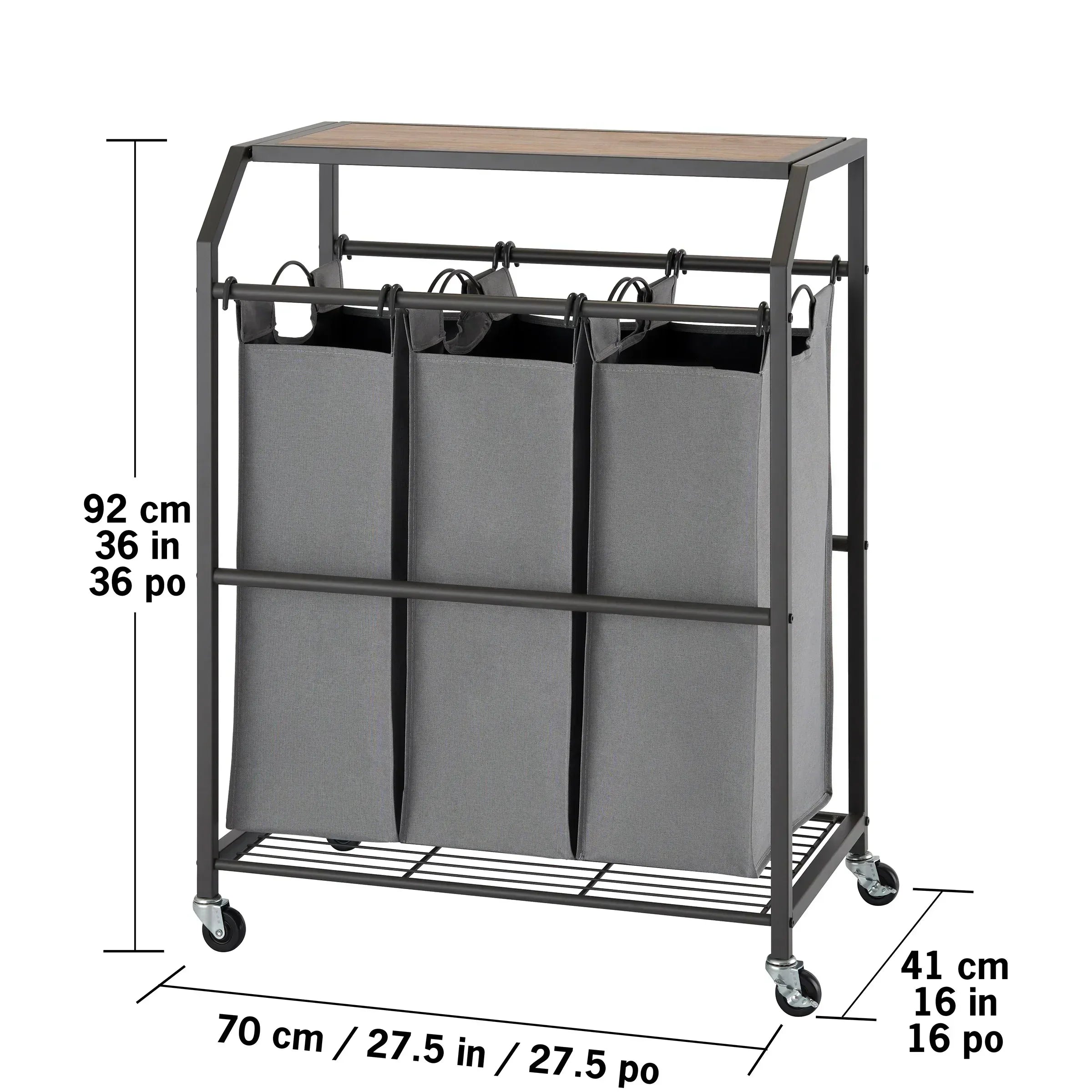 TRINITY 3-bag Laundry Cart with Flip-up Top