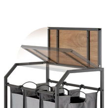 TRINITY laundry cart flip-up lid with wood-look panel over gray storage bins