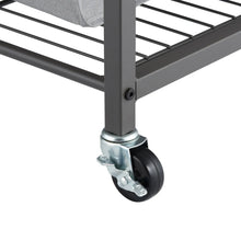 Laundry cart caster wheel attached to metal frame base