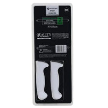 Santoku slicing knife pair in retail packaging, white handles and gray serrated blades