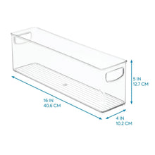 Clear rectangular storage bin with side handles and front divider, 16 in x 4 in x 5 in