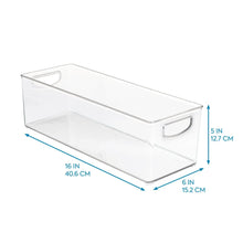 Clear rectangular storage bin with side handles, 16 in long and 6 in deep