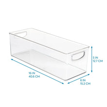 Clear rectangular storage bin with side handles and base ridges, 16 in x 6 in x 5 in