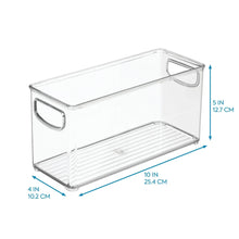 Clear storage bin with front ridged panel and side handles, 10 in x 4 in x 5 in