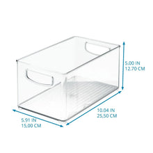 Clear storage bin with side handles and ridged base, 10.04 in x 5.00 in x 5.91 in