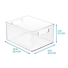 Clear storage bin with corner design and side handles, 10 in x 8 in x 5 in