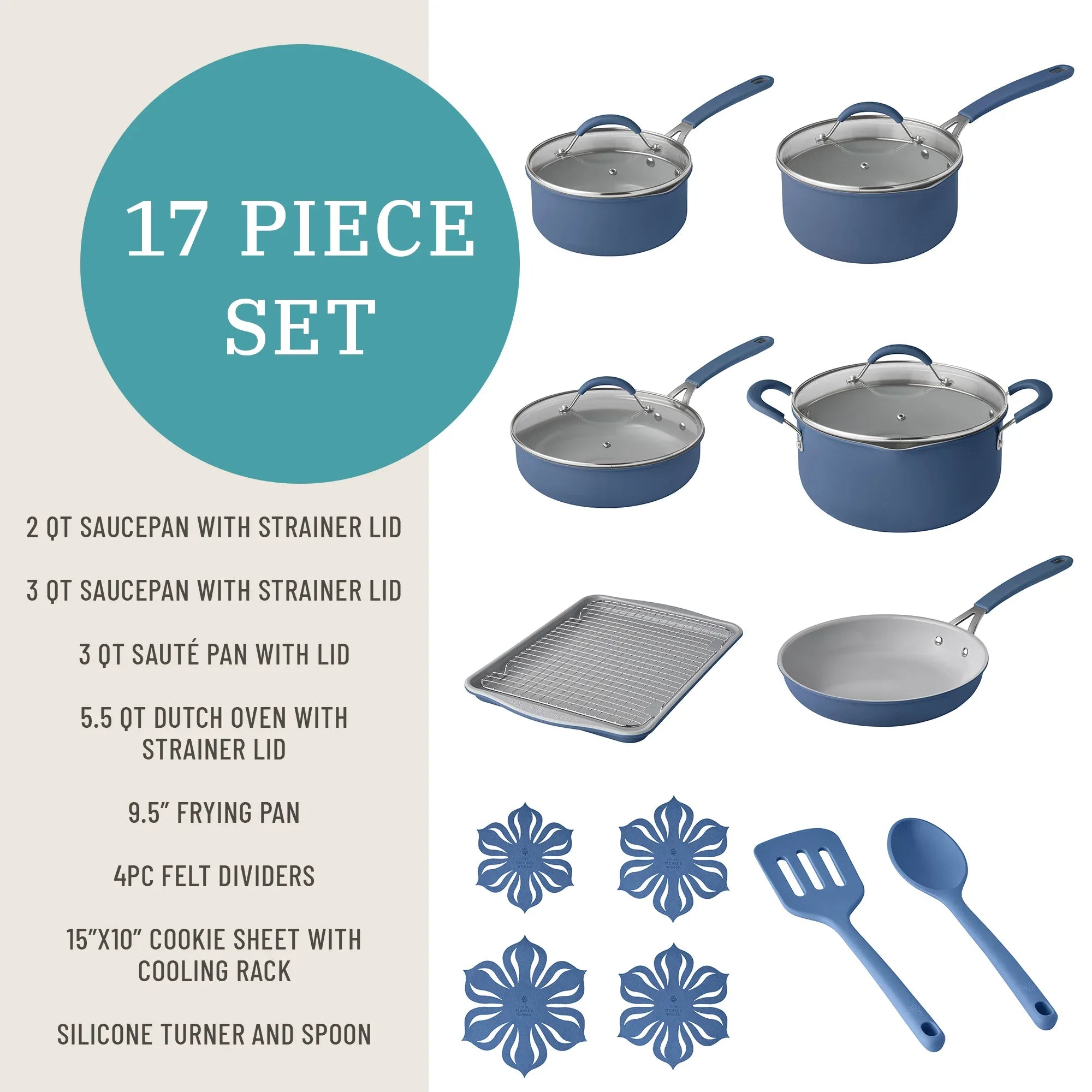The Pioneer Woman Sutton 17-Piece Ceramic Cookware Set with Strainer Lids and Cookie Sheet with Rack, Blue