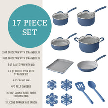 17-piece blue cookware set graphic with pots, utensils, and cooling rack