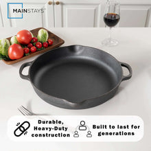 Black cast iron frying pan with two loop handles on a white countertop