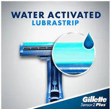 Water-activated Lubrastrip razor head with blue gel strip, close-up on handle
