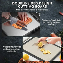 Double-sided cutting board showing two surfaces for different food prep.