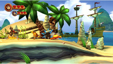 Nintendo Switch platformer game screenshot: monkey by river with explosions on shore