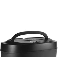 Dark gray cross-cut paper shredder with carry handle and top control panel