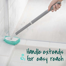 Extendable tub and tile scrubber handle with non-scratch turquoise pad
