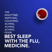 Flu medicine graphic with red-liquid cup and "best sleep with the flu" text