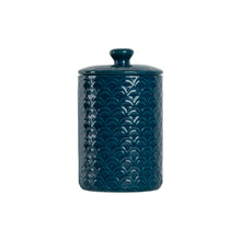 Navy blue ceramic food storage canister with sea-shell pattern and dome lid