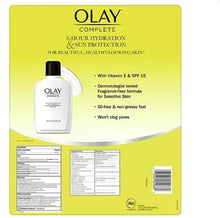 Olay Complete sun protection box with white moisturizer bottle and Vitamin E SPF 15