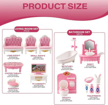 Dollhouse room furniture size guide showing living room and bathroom sets.