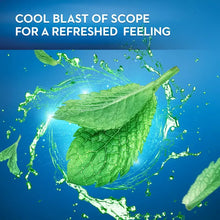 Mint mouthwash promotional graphic with mint leaves splashing in blue water
