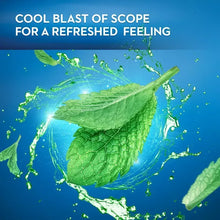 Crest Scope mint mouthwash promotional graphic with mint leaves splash and cool blast text