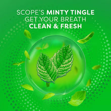 Mint mouthwash promotional graphic with a green leaf in a circular splash