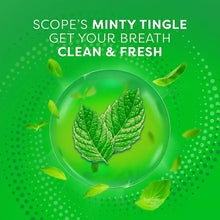 Crest Scope mint mouthwash promotional graphic with mint leaf and breath-clean text