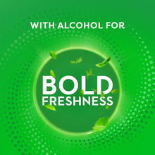 Mint mouthwash promotional graphic with leaf icons around bold freshness text