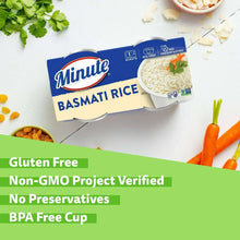 Minute basmati rice cup box with green label highlights for gluten-free