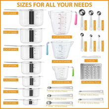Measuring cups and spoons set shown with size labels and measurement chart