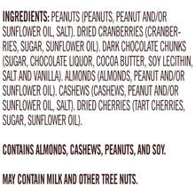 Ingredient list text on gluten-free trail mix package, including peanuts and dark chocolate