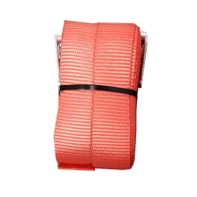 Red webbing cam buckle lashing strap tie-down, folded with metal end hardware