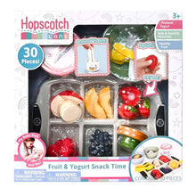 Pretend yogurt snack play set with fruit, yogurt cups, and 30 accessories in box