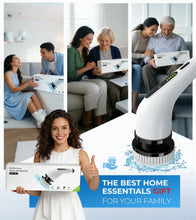 Cordless electric spin scrubber with rotating brush base and accessory package