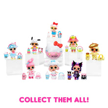 Multiple LOL-style dolls displayed around a clear pink surprise capsule with bottle