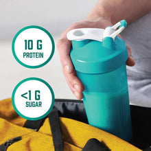 Organic pumpkin seed protein powder in turquoise shaker cup, 10 g protein, <1 g sugar