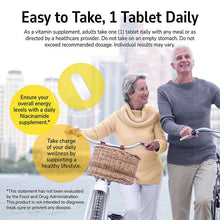 Niacinamide supplement banner showing an elderly couple and a 1-tablet daily guidance icon.