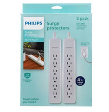 Philips white 6-outlet surge protector pair with six outlets each, on retail box