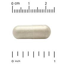 Beige veggie supplement capsule with size scale, about 1 inch long