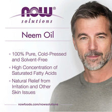 NOW Solutions Neem Oil label card with 100% cold-pressed bullets and skin benefits