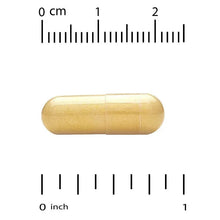 Gold-colored veggie capsule shown with size ruler, 1 inch