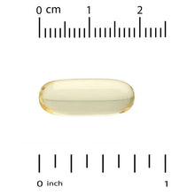 Yellow omega-3 fish oil softgel capsule with size guide marks