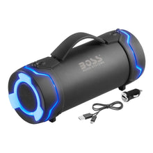 Portable waterproof Bluetooth speaker with blue LED rings and attached charging/audio cables