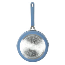 Blue nonstick pan with circular perforated cooking surface and hanging handle