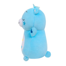 Blue plush bear toy side view with star face mark and curved moon emblem on belly
