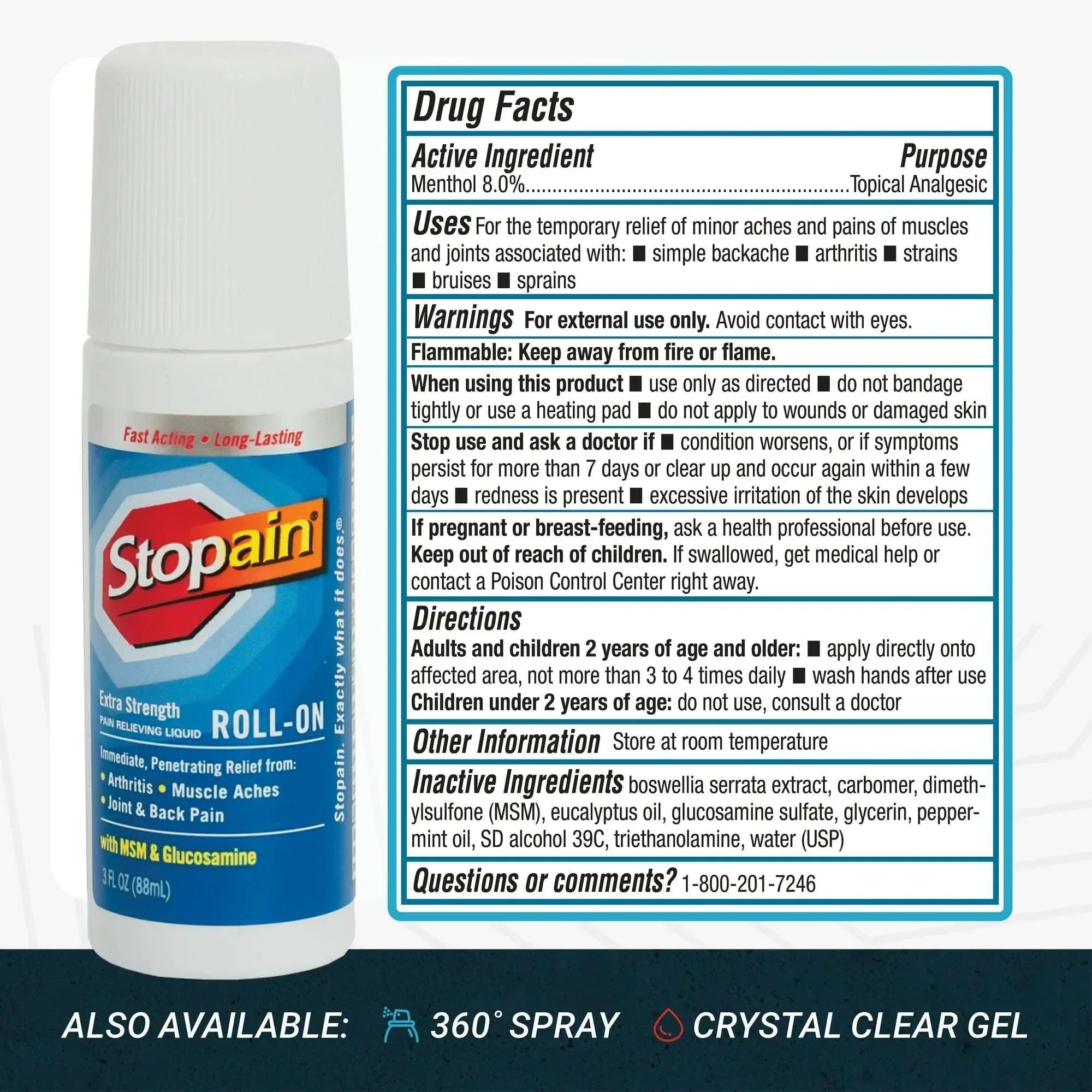 Stopain Extra Strength Roll-On Pain Reliever for Muscle & Joint Pain, 3 oz