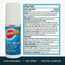 Stopain roll-on pain reliever back label with Drug Facts panel