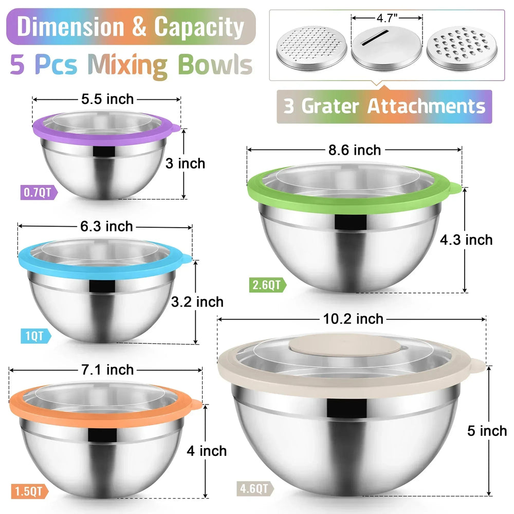 Vesteel Mixing Bowls with Lids Set of 8, Stainless Steel Prep Bowls with Upgraded Airtight Visible Lid, Metal Nesting Bowl Attach with 3 Graters for Kitchen Grating/ Shredding / Mixing - USA MEGA SHOP